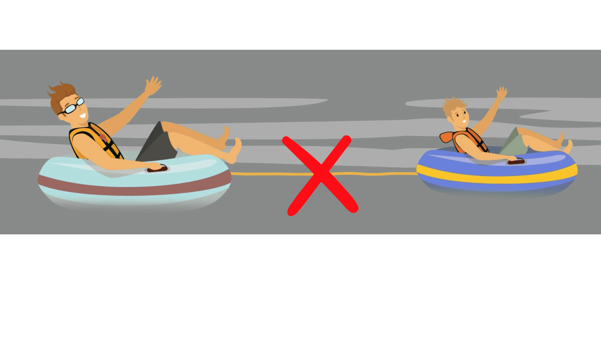 two rafts tied together with red X indicating rope is bad