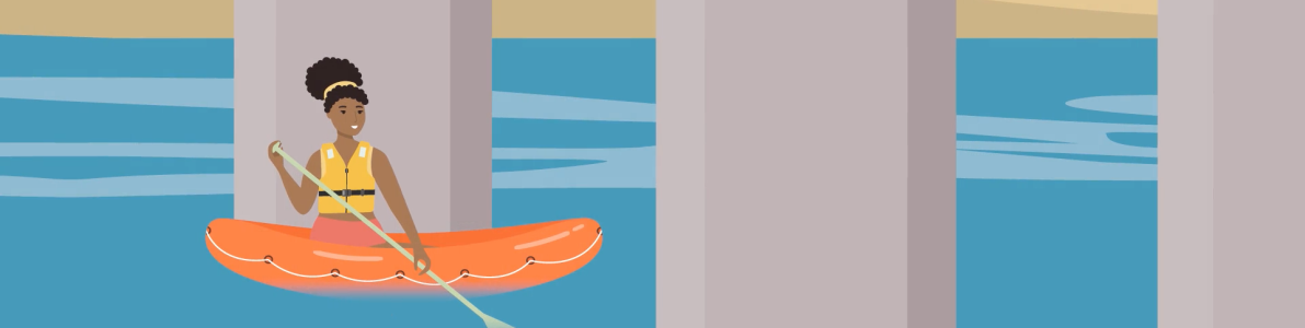 woman in raft paddling between bridge pillars